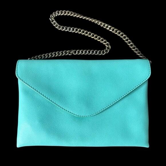 J CREW Teal Turquoise Purse Handbag Leather Envelope Clutch Shoulder Bag Chain - Picture 1 of 7